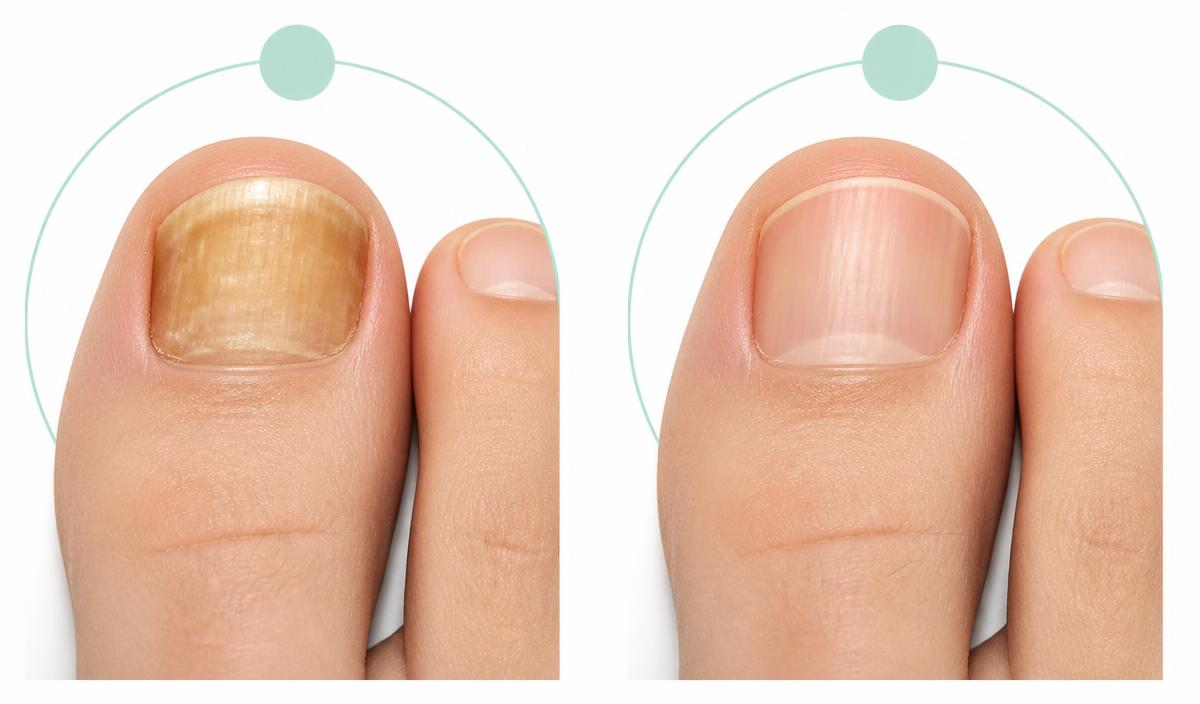 Before and after comparison of a discolored toenail and a healthier looking nail